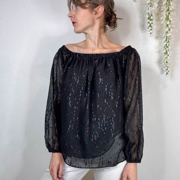NWT LILLY PULITZER Emilee Long Sleeve Off Shoulder top Onyx metallic sheer 2217 - Picture 9 of 12